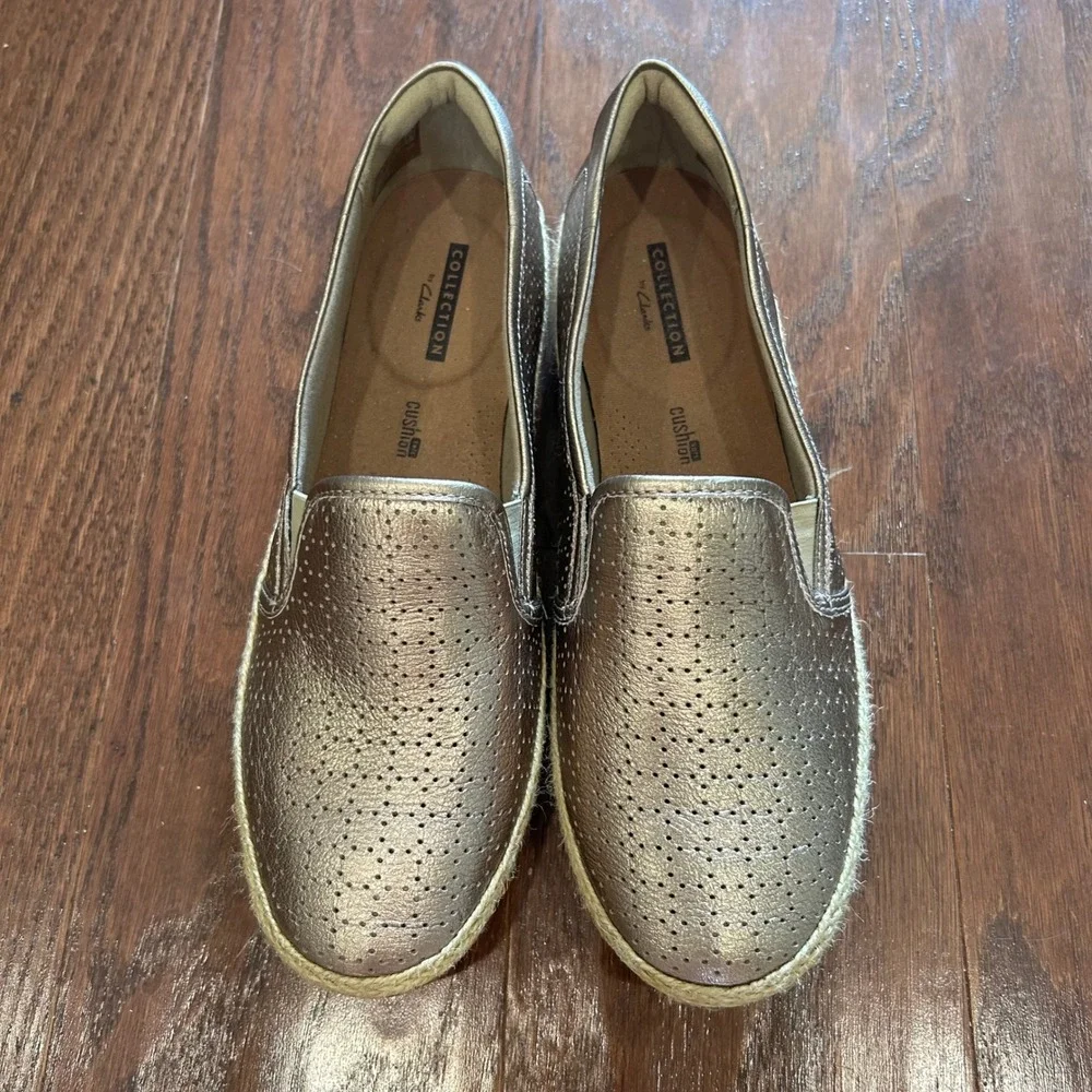 Clarks Danelly Molly Loafers Womens Pewter Metallic Leather Espadrille 8.5M